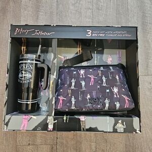 Betsey Johnson Apres Ski School Wristlet Tote Tumbler & Straw 3 Pc Gift Set New